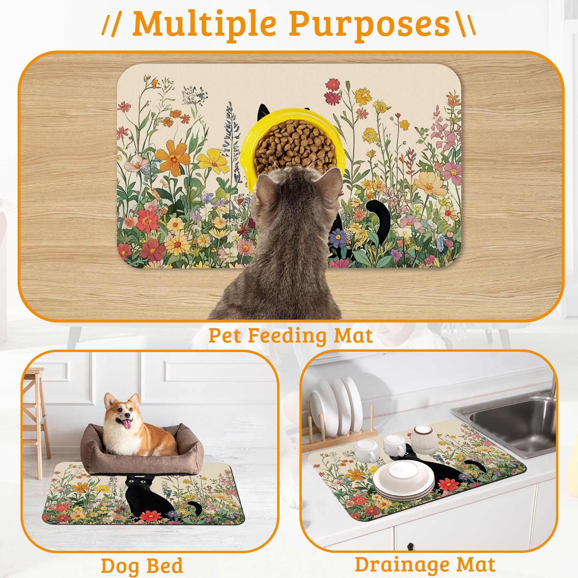 Dog Bowl Mat,Cat Black Pet Feeding Mat for Floors Waterproof,Color Flowers Absorbent Dogs Placemat for Food and Water Quick Dry Pet Cat Feeding Mats with Non Slip Bottom 12" x 20"