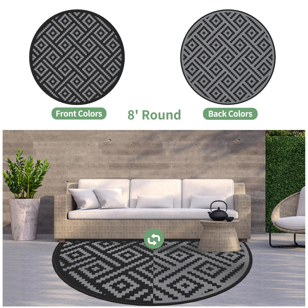 GENIMO Outdoor Rug, Waterproof Plastic Rugs for Patio, 8' Round Black Grey