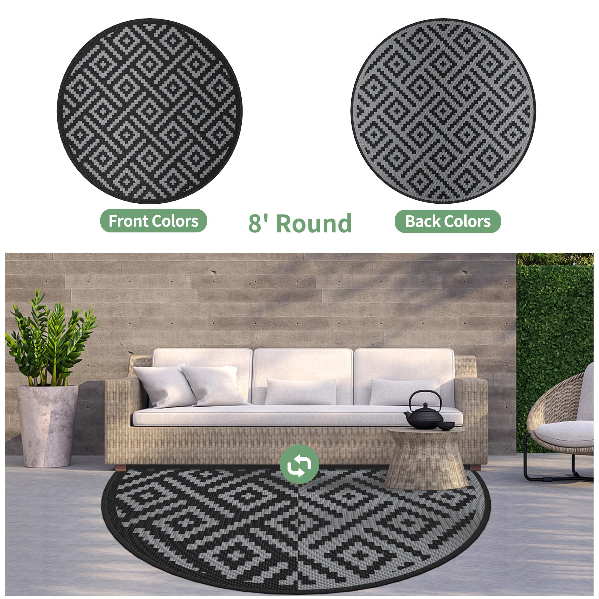 GENIMO Outdoor Rug, Waterproof Plastic Rugs for Patio, 8' Round Black Grey