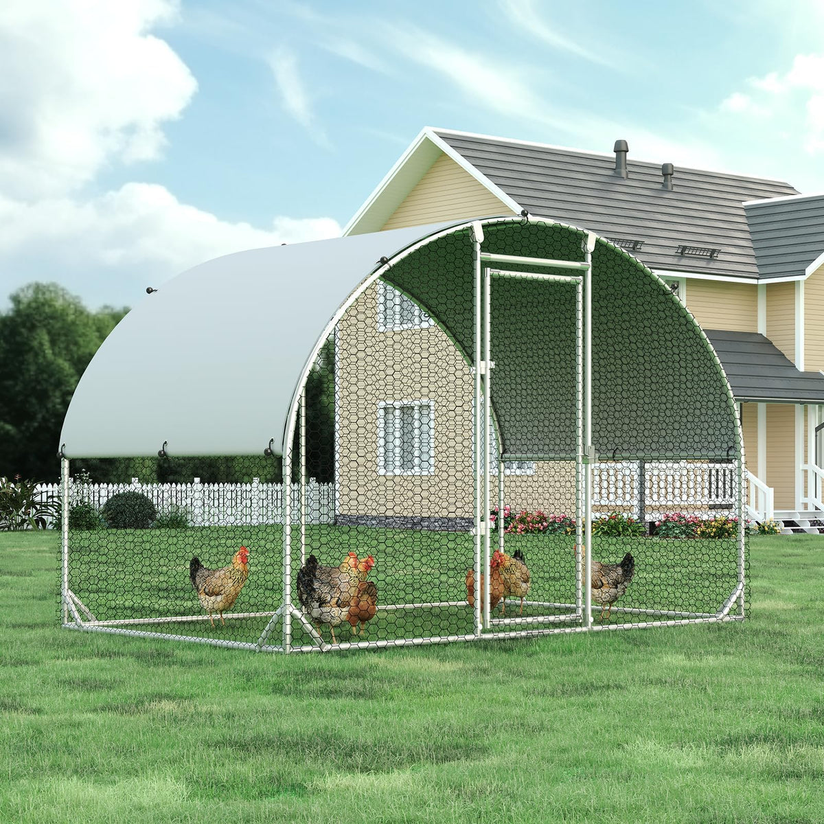 4ever2buy Metal Chicken Coop, 9.2x6.3 FT Walk-in Chicken Run Pen Poultry Cage, Water-Resistant & Anti-UV Cover, Large Chicken Coop for 6-8 Chickens