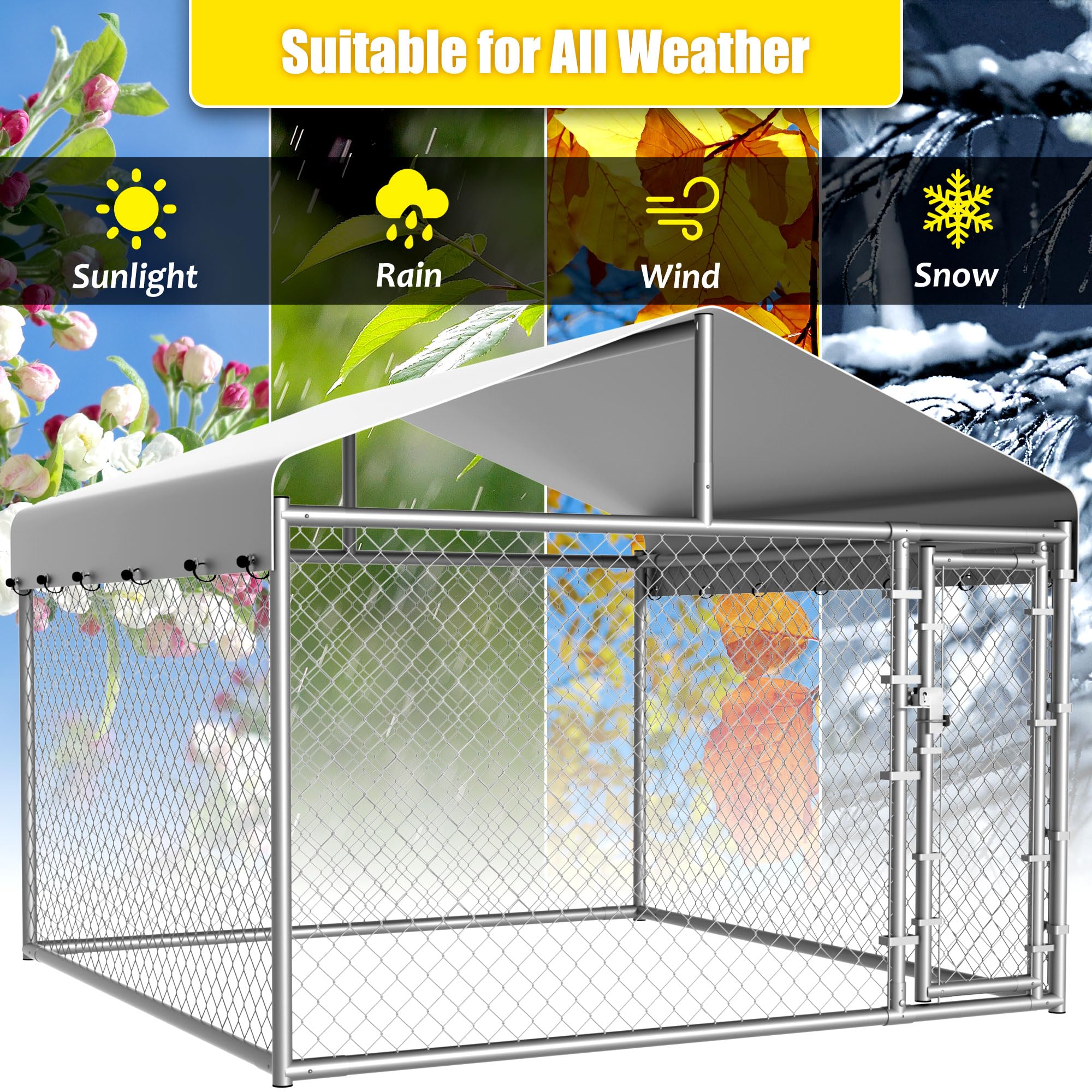 Dog Kennel Outside with Roof, Large Dog Run Enclosure, Outdoor Heavy Duty Pens House Pet Playpen with Galvanized Chain Link Waterproof Cover and Secure Lock(6.76'Lx6.76'Wx5.64'H)