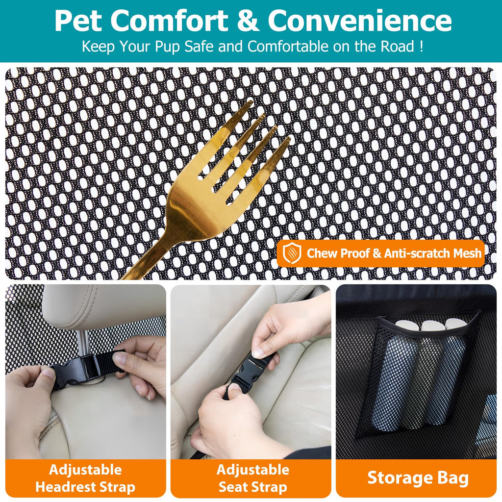 Dog Barrier for Car Back Seat & Cargo Area with Wider Coverage, Universal Fit for Cars, SUVs & Sedans, Dog Car Gate Divider with Chew-Proof Transparent Net and Sturdy Metal Frame for Backseat & Trunk