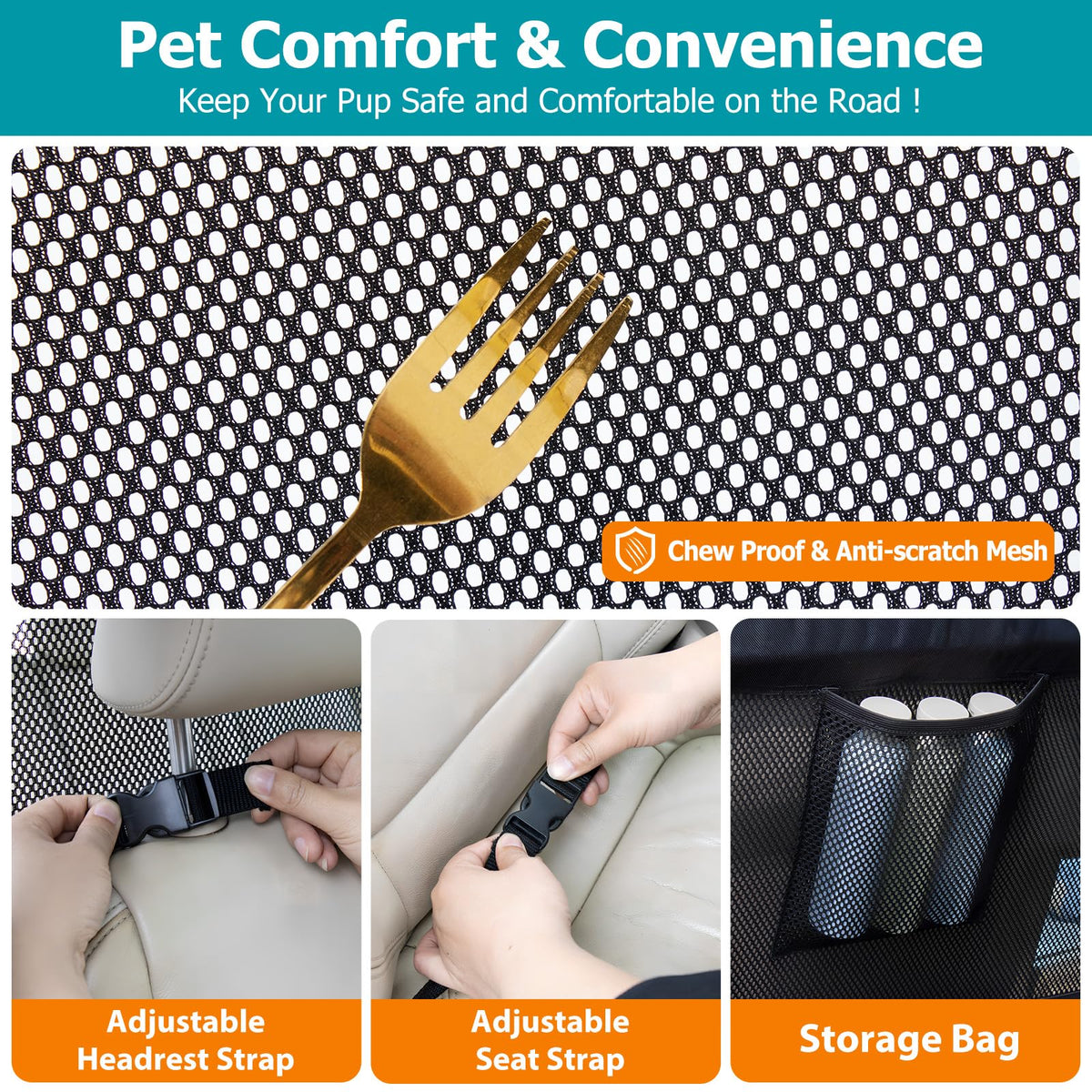 Dog Barrier for Car Back Seat & Cargo Area with Wider Coverage, Universal Fit for Cars, SUVs & Sedans, Dog Car Gate Divider with Chew-Proof Transparent Net and Sturdy Metal Frame for Backseat & Trunk