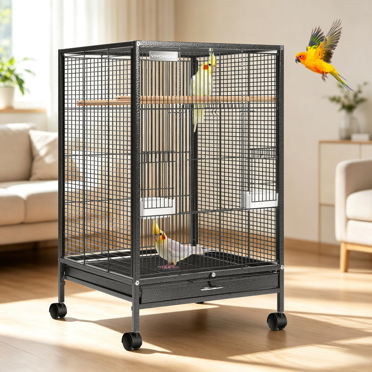 VIVOHOME Wrought Iron Bird Cage with Rolling Stand, 30 Inch Height