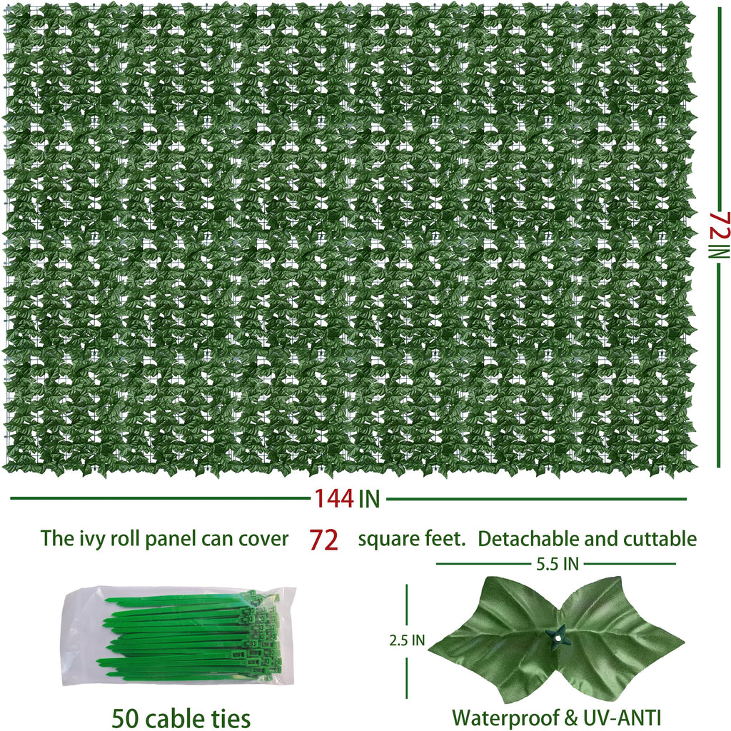 ODTORY Artificial Ivy Privacy Screen Fence Panel, Green 72 X 144 in