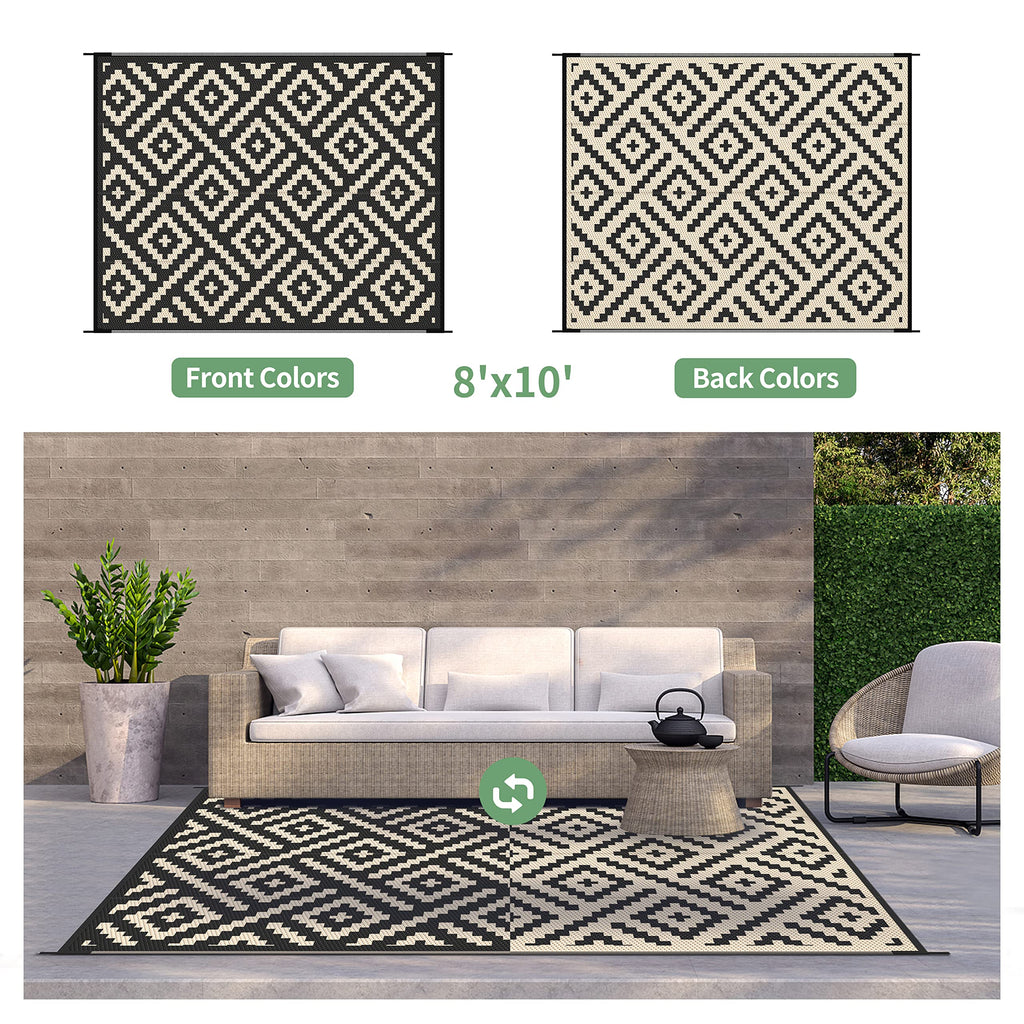 GENIMO Outdoor Rug, Waterproof Plastic Rugs for Patio, 8'x10' Black Beige