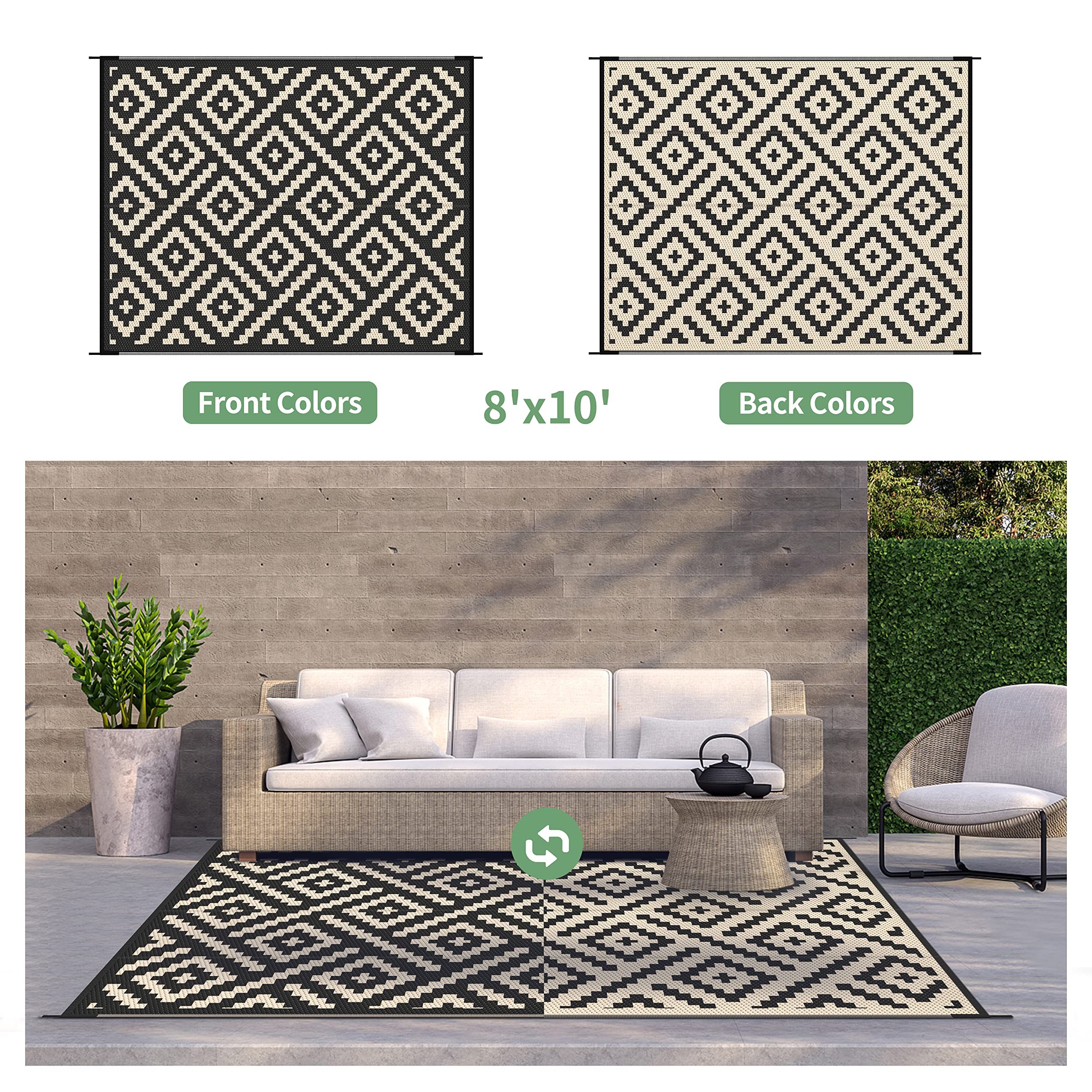 GENIMO Outdoor Rug, Waterproof Plastic Rugs for Patio, 8'x10' Black Beige