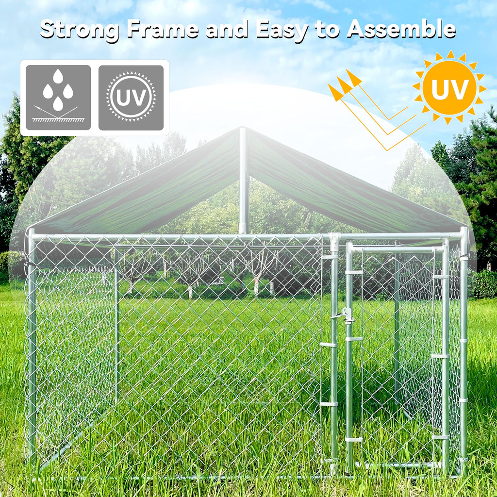 HITTITE Extra Large Outdoor Dog Kennel, Anti-Rust Dog Kennel Outside with Roof, Galvanized Chain Link Dog Runs for Outside with Waterproof UV-Resistant Cover and Secure Lock