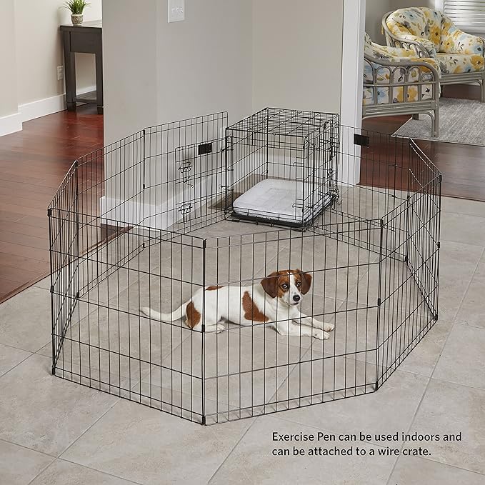 MidWest Homes for Pets Folding Metal Puppy / Dog Exercise Pen, Indoor/Outdoor Playpen with No Door, Provides 16 Sq Feet of Play Space, 24-Inches Tall, Black E-Coated