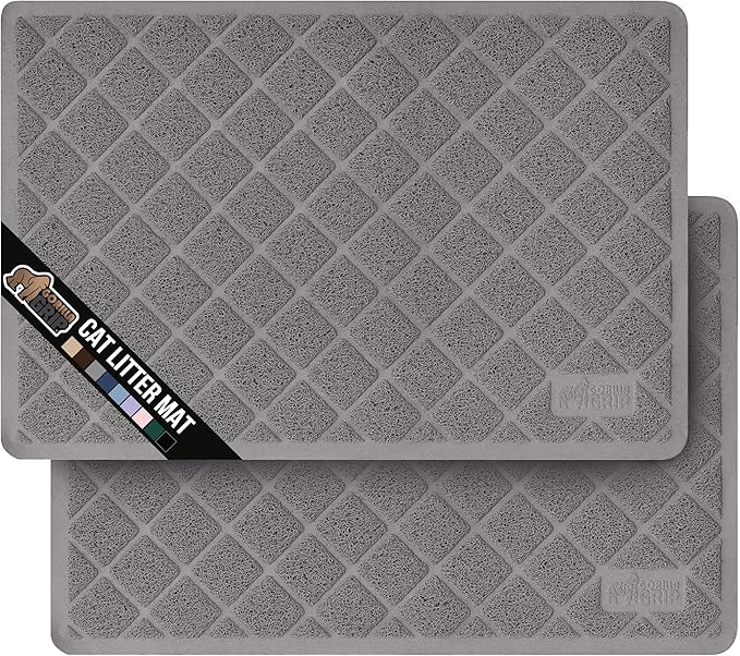 GORILLA GRIP Cat Litter Box Mat, 35x23 2 Pack, Water Resistant, US Designed Kitty Litter Trapping Mats, Easy to Clean Scatter Control, Less Mess and Clean Floors, Kitten Supplies for Indoor Cats, Grey