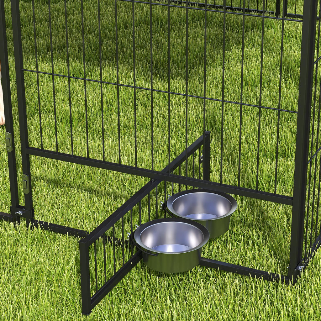 PawHut Outside Dog Kennel, 7' x 7' x 5' Puppy Play Pen with Canopy, Garden Playpen Fence Crate Enclosure Cage Rotating Bowl, for Dogs, Chickens, Ducks, Black
