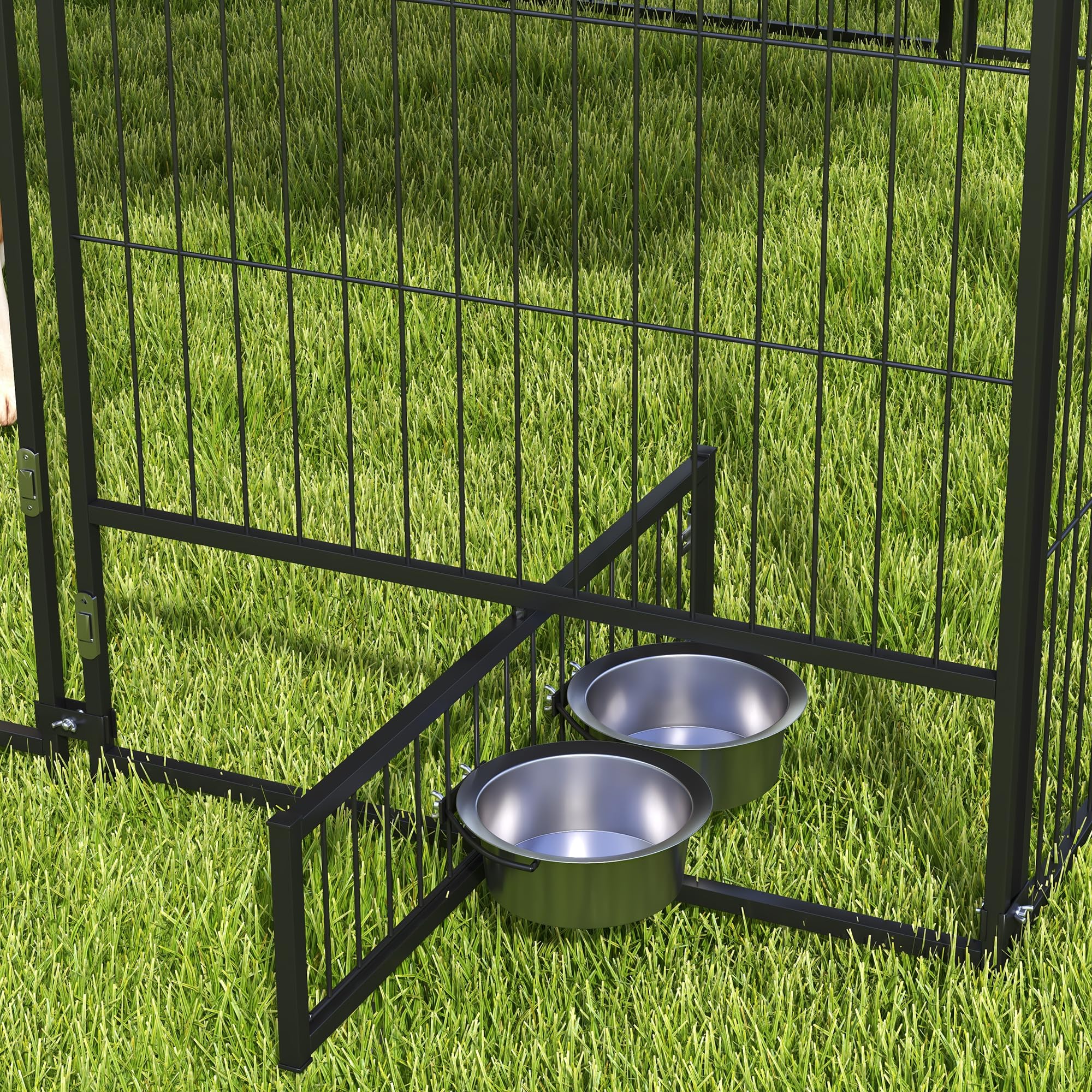PawHut Outside Dog Kennel, 7' x 7' x 5' Puppy Play Pen with Canopy, Garden Playpen Fence Crate Enclosure Cage Rotating Bowl, for Dogs, Chickens, Ducks, Black